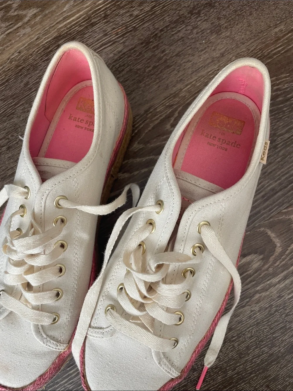KATE SPADE KEDS Cream Platform Sneakers with Pink and Yellow Trim
